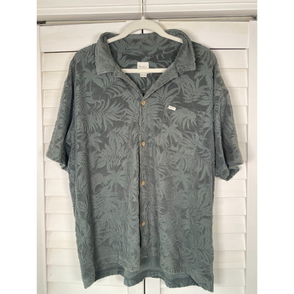 New RVCA Neutral Men's Terry Texture Button Up Short Sleeve Shirt, Beach | XL